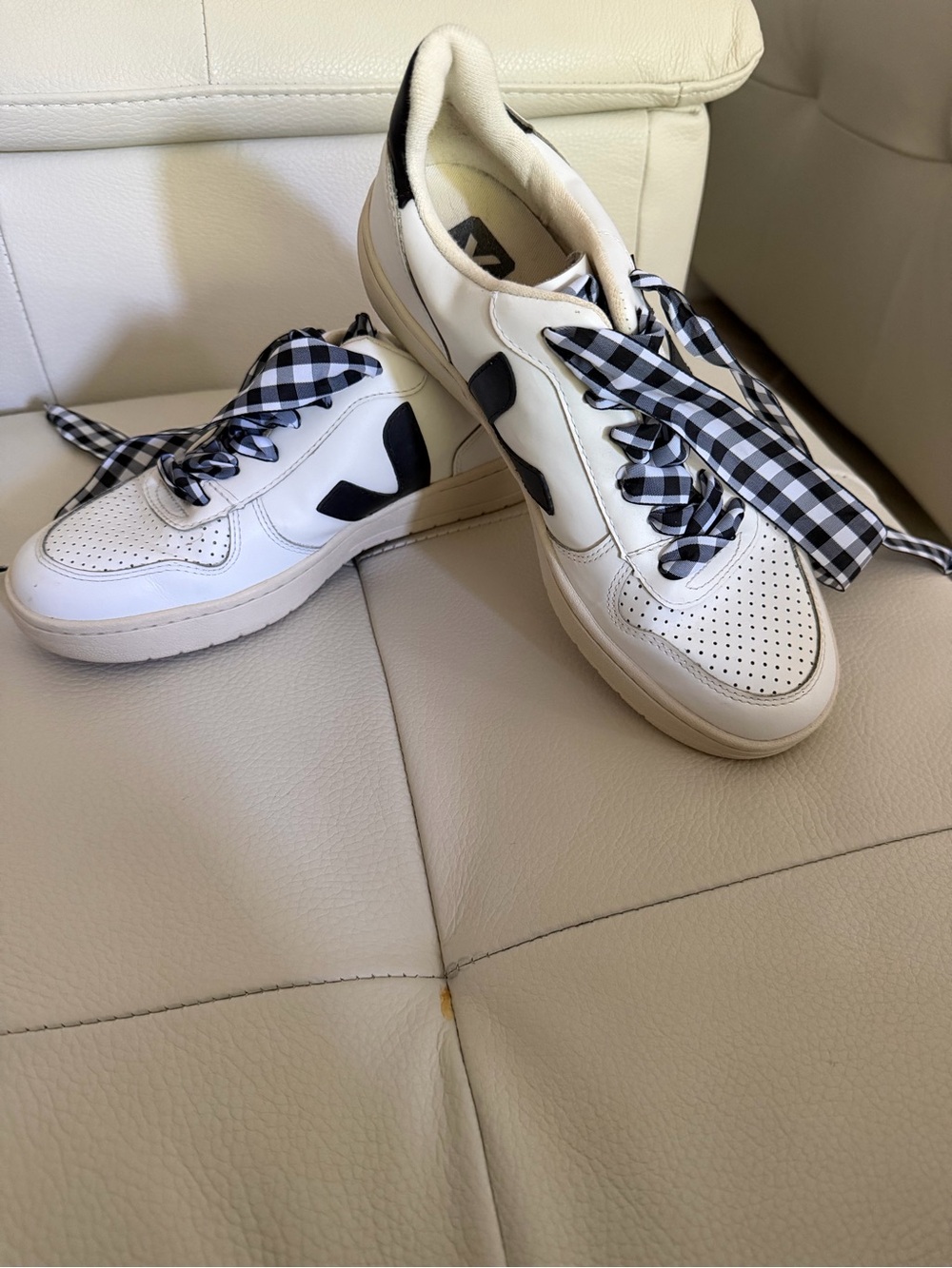 Veja White Leather Sneakers with Black Accents and Gingham Laces